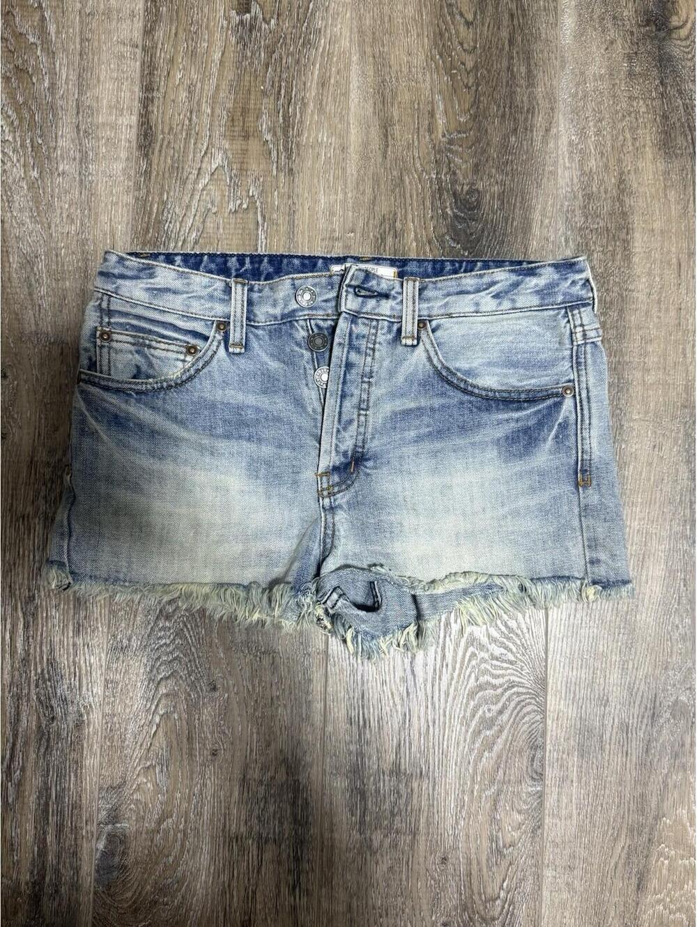 The Free Cutoff Denim Shorts Button Fly Light Wash Distressed 27 Boho